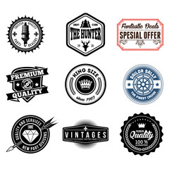 Fototapeta premium Set of classic company retro or old, vintage badges or banners, sign or logotype, labels and stickers with crown and star, ship steering wheel and anchor, glasses and moustache, laurel wreath