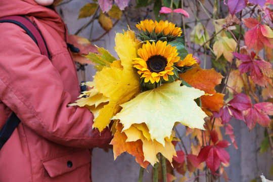 Bouquet from sunflowers and maple leaves
