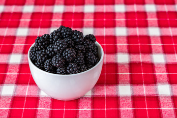 Bowl of fresh picked blackberries, white ceramic bowl, red and white plaid tablecloth