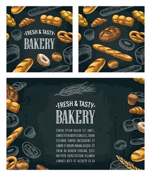 Poster and seamless pattern with bread. Vector vintage engraving