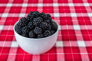 Bowl of fresh picked blackberries, white ceramic bowl, red and white plaid tablecloth