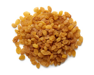 Heap of yellow raisins isolated on white background. Top view.