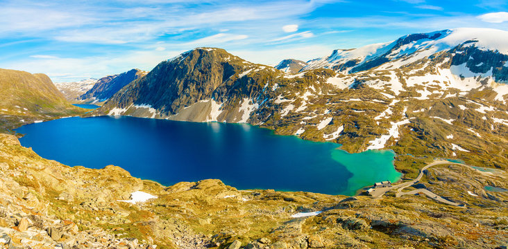 Panorama of the lake Djupvatnet on the road to mount Dalsnibba in Norway