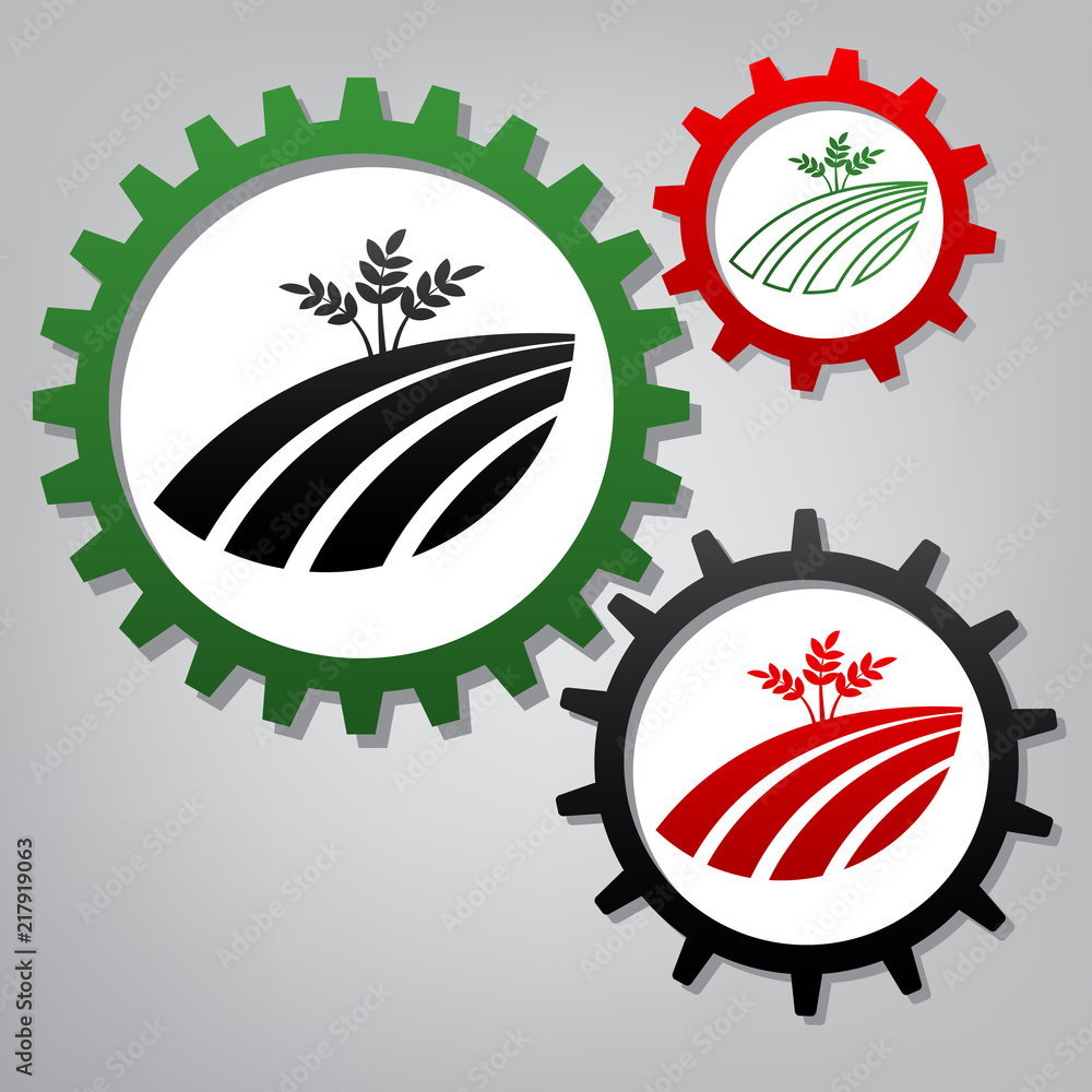Poster wheat field sign. vector. three connected gears with icons at gr