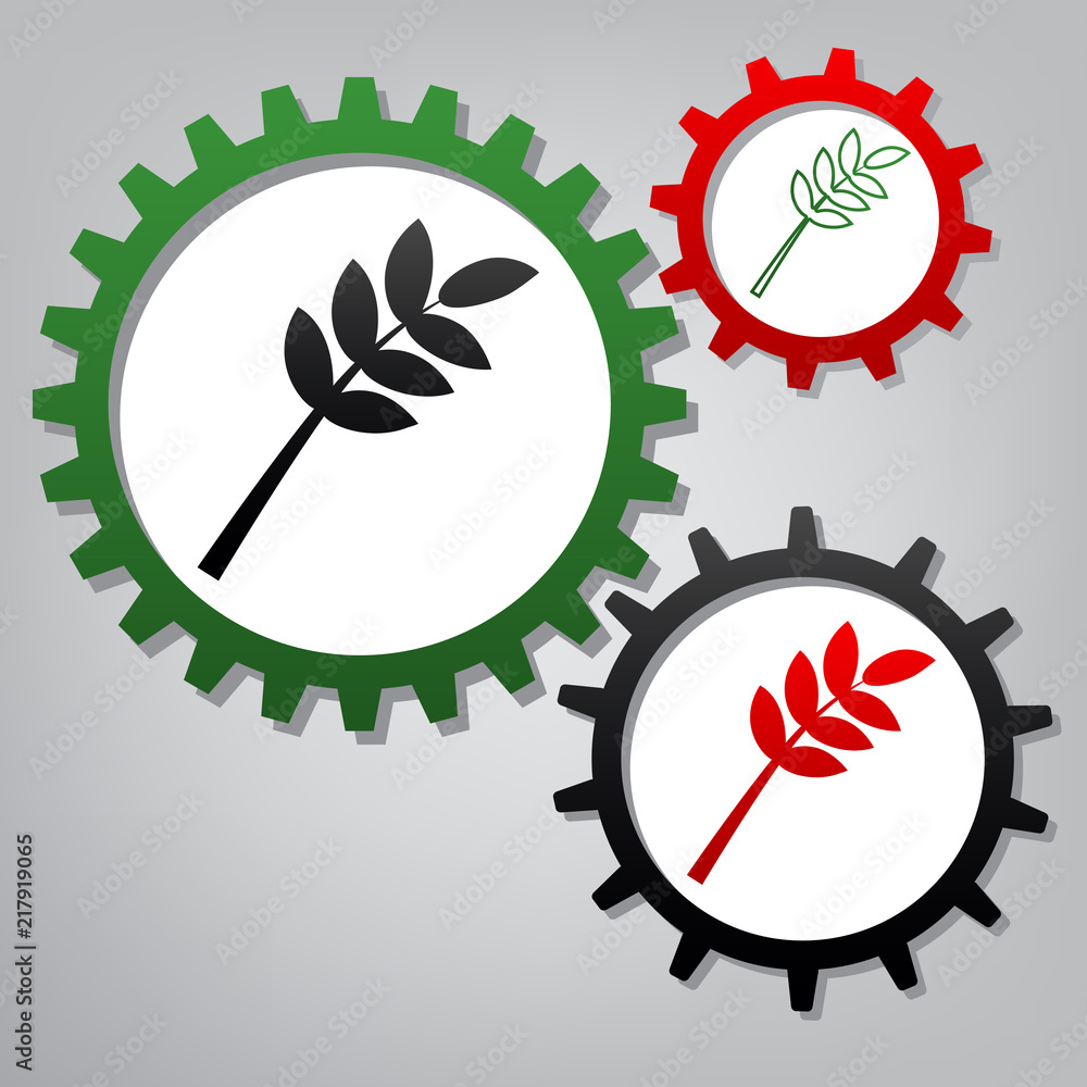 Poster tree branch sign. vector. three connected gears with icons at gr