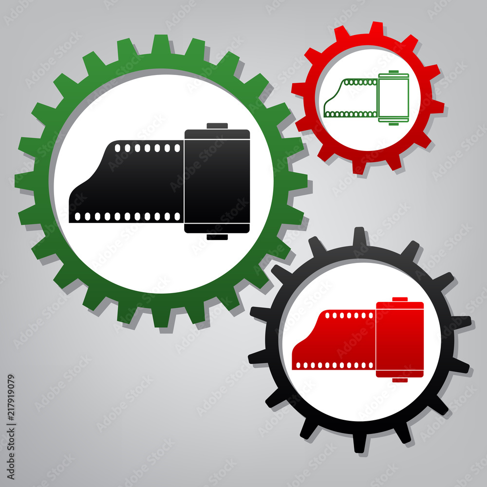 Poster old photo camera casset sign. vector. three connected gears with