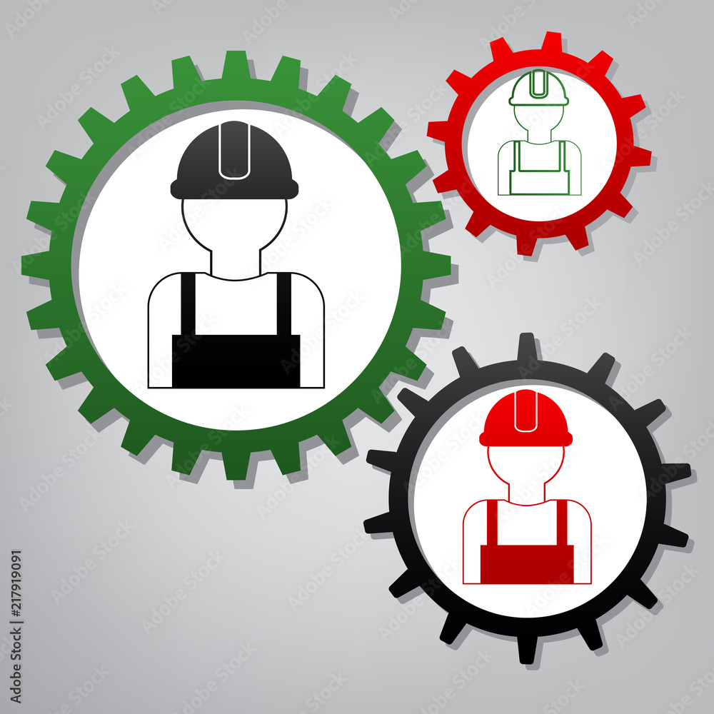 Poster worker sign. vector. three connected gears with icons at grayish