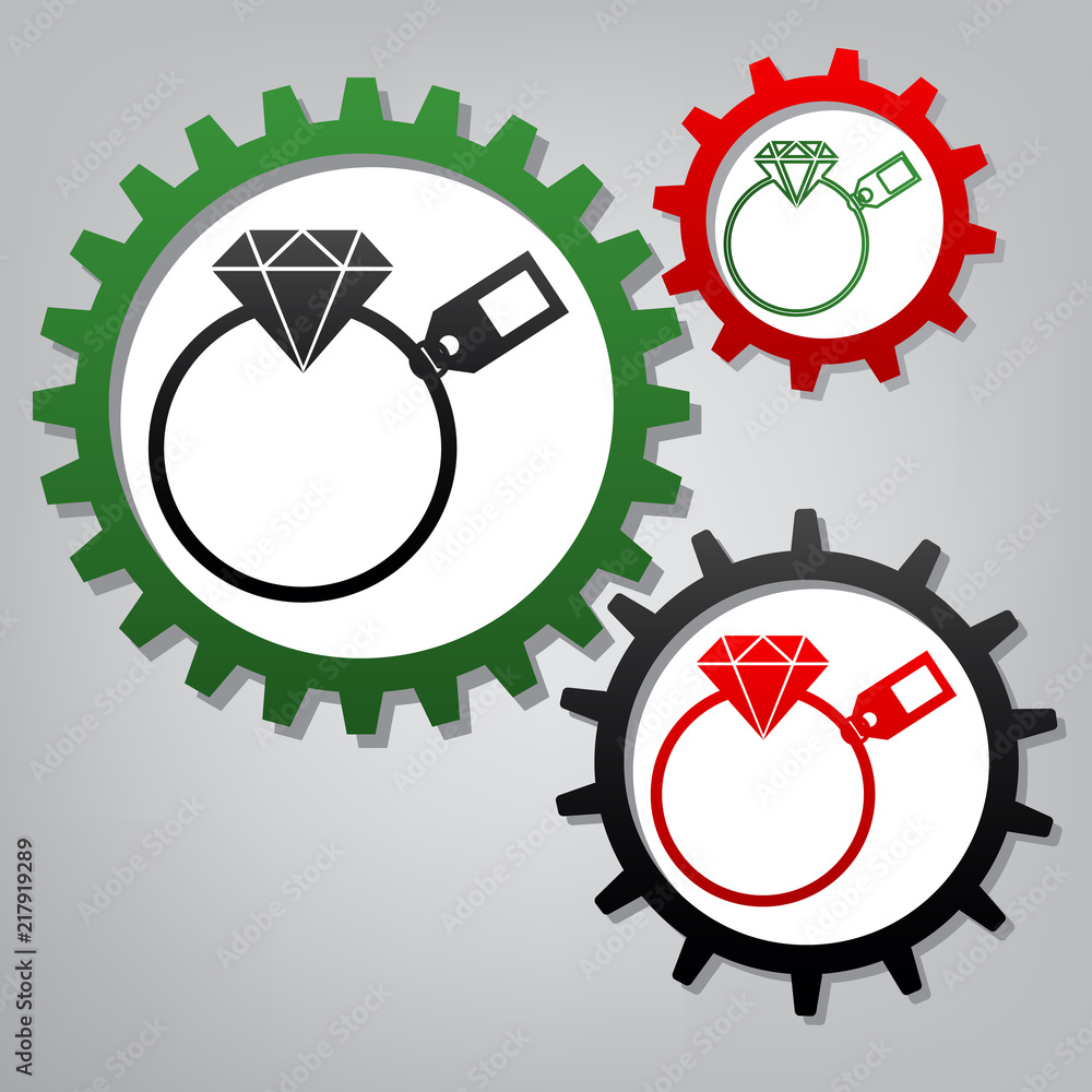 Poster diamond sign with tag. vector. three connected gears with icons