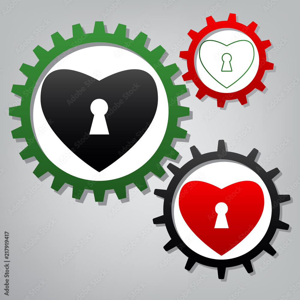 Aufkleber heart with lock sign. vector. three connected gears with icons a