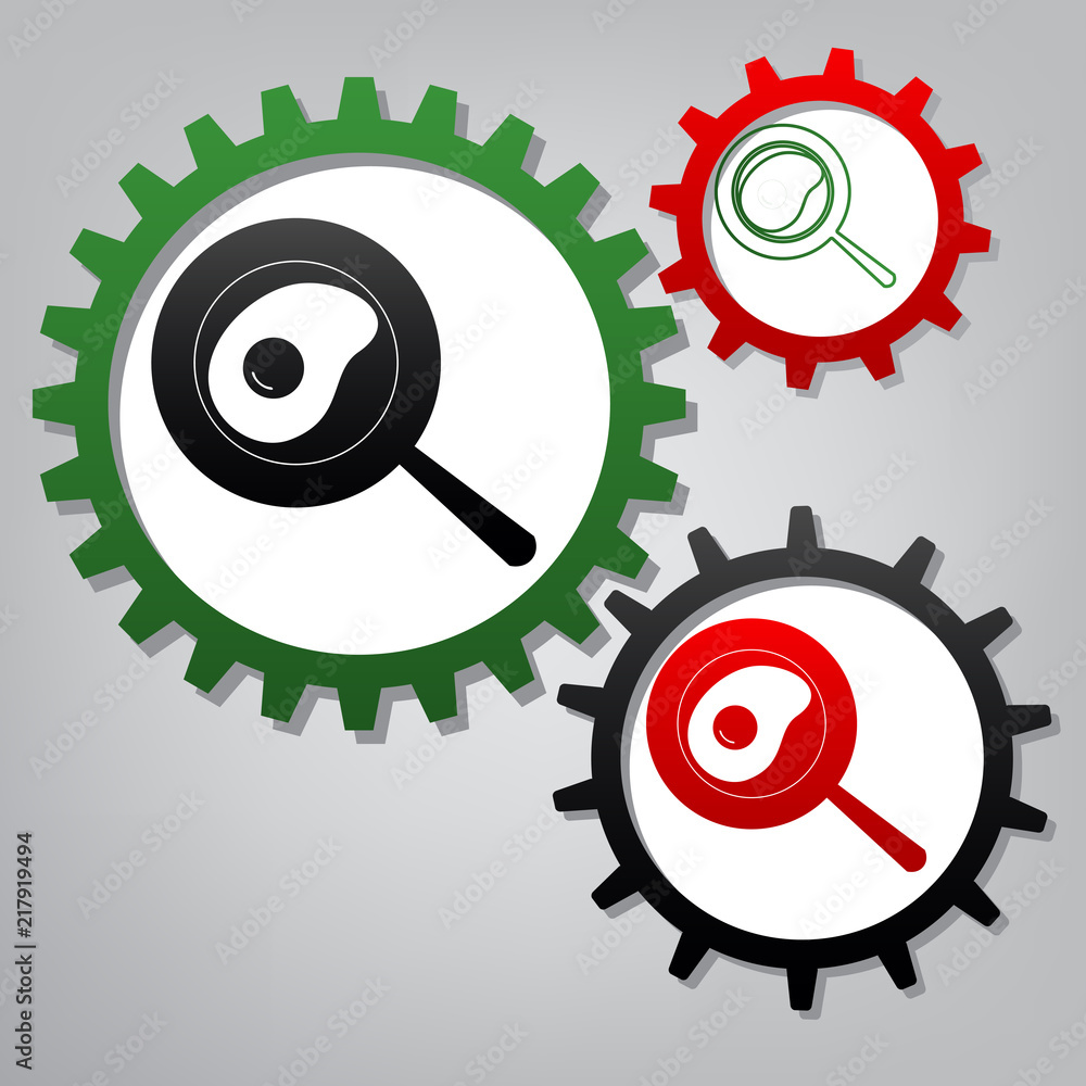 Poster omelet at pan icon. vector. three connected gears with icons at