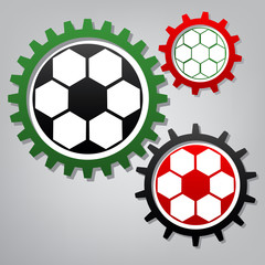 Soccer ball sign. Vector. Three connected gears with icons at gr