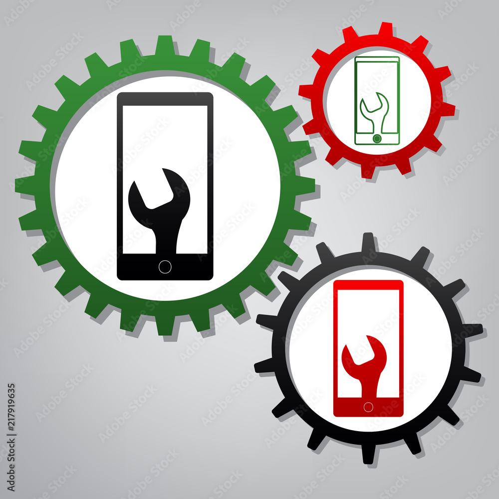 Poster phone icon with settings. vector. three connected gears with ico