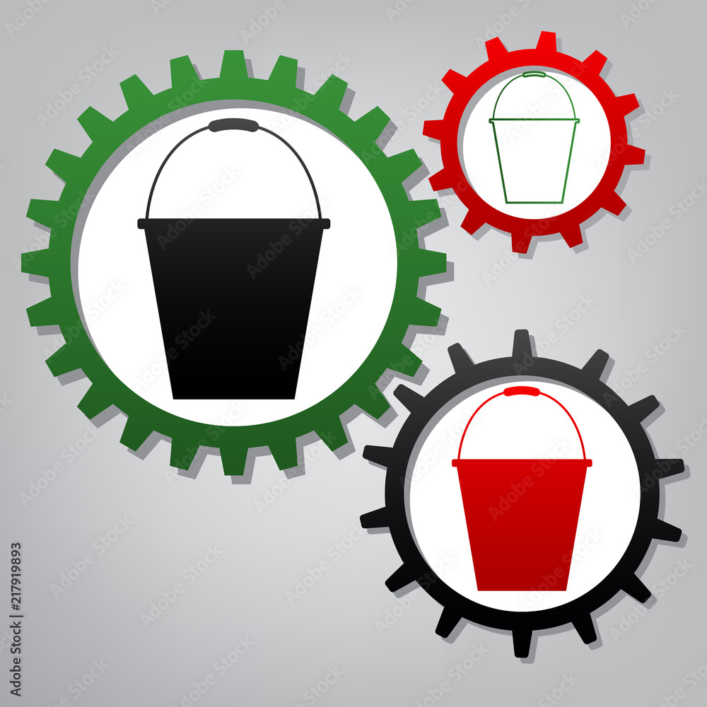 Poster bucket sign for garden. vector. three connected gears with icons