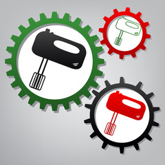 Kitchen mixer sign. Vector. Three connected gears with icons at 