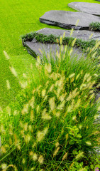 Stone walkway decoration in cozy home flower garden./ Stone walkway with flower pot and garden object decoration in cozy home flower garden on summer. 