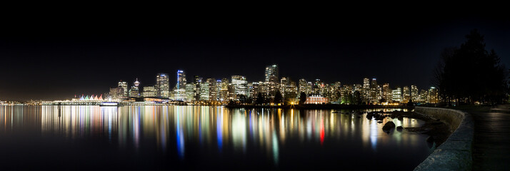 The downtown Vancouver skyline at night from Stanley Park.