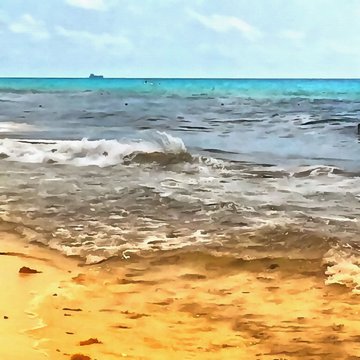 Hand drawing watercolor art on canvas. Artistic big print. Original modern painting. Acrylic dry brush background. Beautiful seascape. Fresh waves. Light breeze.   