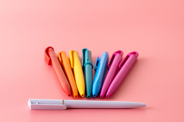 color pen on pink background Back to school Education with copy space colorful
