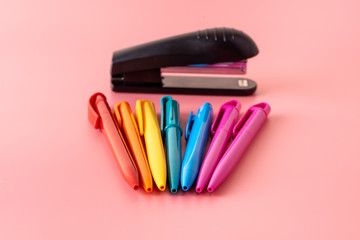 color pen on pink background Back to school Education with copy space colorful