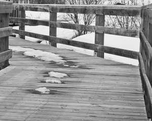 Black and white winter bridge with snow