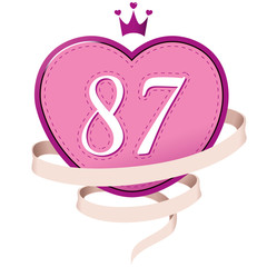 Pink Heart with a Crown, Ribbon and Number 87