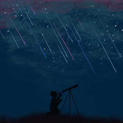 the boy is looking through a telescope against the background of falling stars at night in the field © Veronika Kurochka
