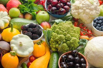 Fresh farm produce fruits vegetables berries, cherries peaches cabbage broccoli cauliflower squash tomatoes blackberries apples, selective focus