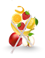 The fruit includes red apple and lemon balm, banana, strawberry, white body, white background, suitable for health. And the message is a poster or a message.
