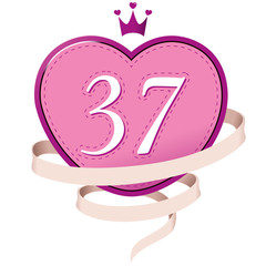 Pink Heart with Crown, Ribbon and Number 37