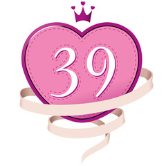 Pink Heart with a Crown, Ribbon and Number 39