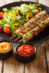 Homemade rustic shish kebab on skewers with vegetable fresh salad on a plate and sauces close-up. vertical