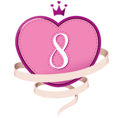 Pink Heart with a Crown, Ribbon and Number 8