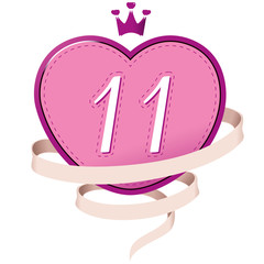 Pink Heart with a Crown, Ribbon and Number 11
