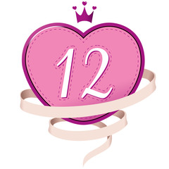 Pink Heart with a Crown, Ribbon and Number 12