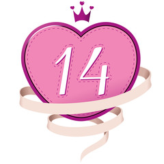 Pink Heart with a Crown, Ribbon and Number 14