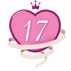Pink Heart with a Crown, Ribbon and Number 17