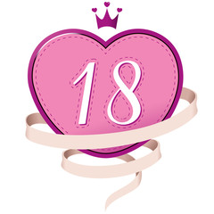 Pink Heart with a Crown, Ribbon and Number 18