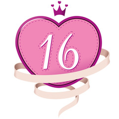 Pink Heart with a Crown, Ribbon and Number 16