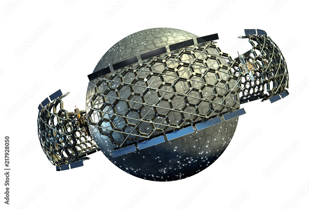Wall mural spaceship with a planetary sphere surrounded by a geodesic structure