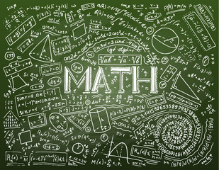 Scientific formulas and calculations in physics and mathematics on whiteboard. The lesson of algebra and geometry in school. Education and Science. engraved hand drawn in old sketch and vintage style.