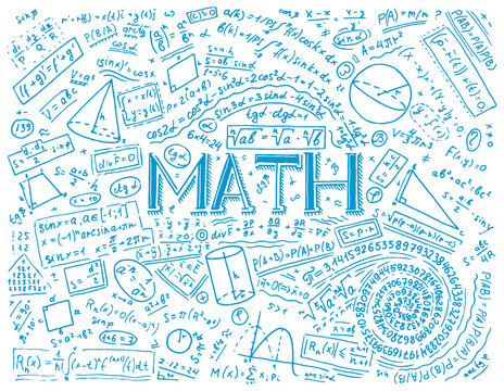 Scientific formulas and calculations in physics and mathematics on whiteboard. The lesson of algebra and geometry in school. Education and Science. engraved hand drawn in old sketch and vintage style.
