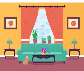 Living room interior. Vector illustration. Home flat design with furniture, window, dog. Cartoon house equipment. Lounge background.