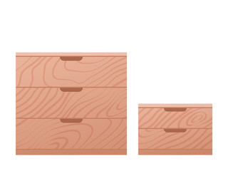 Chest of drawers, bedside table. Vector. Furniture icon in flat design. Wooden textured dresser, commode. Cartoon house equipment for bedroom, living room isolated on white background.