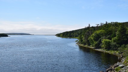 landscape around the Irish Loop; view along East Brook river inlet towards Trepassey harbour with Valna Fad in the background , Avalon peninsula Newfoundland Canada