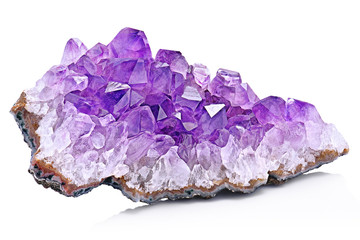 Violet Crystal Stone macro mineral. Purple rough Amethyst quartz crystals geode on white background, Uruguay - obrazy, fototapety, plakaty