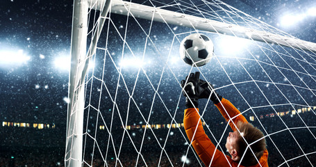 Goalkeeper tries to save from a goal on a professional soccer stadium while it's snowing. © haizon
