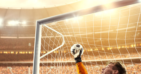 Goalkeeper tries to save from a goal on a professional soccer stadium while the sun shines.