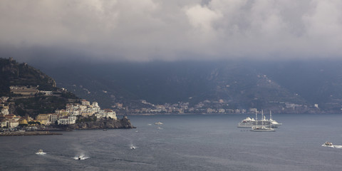 View of a town at coast, Amalfi Coast, Salerno, Campania, Italy