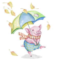 Funny watercolor little pig with umbrella