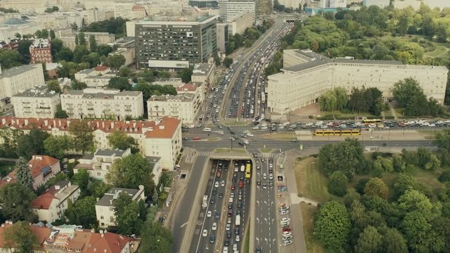 Rush hour traffic in Warsaw, Poland, aerial view
